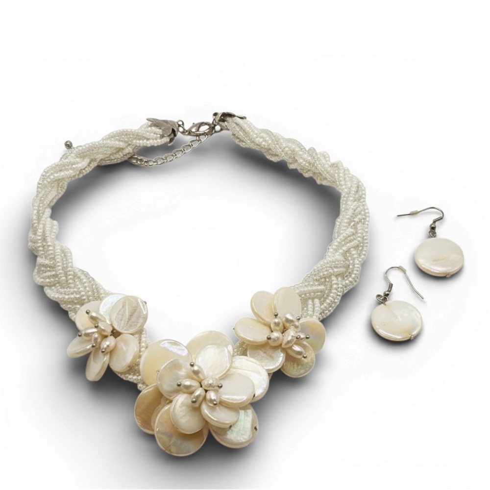 Mother of Pearl Seed Bead Braided Floral Statement Necklace & Earring Set New